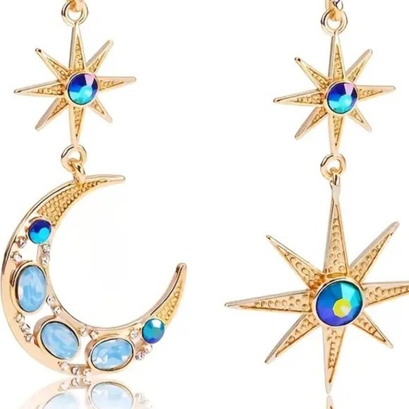 Sun Moon Stars Blue Rhinestone Asymmetrical Drop Earrings - NEW - Picture 5 of 6